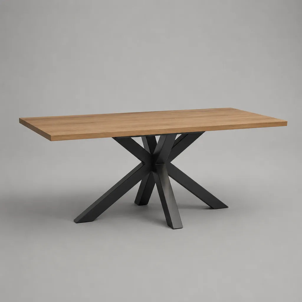 Table à manger rectangulaire 6 personnes en bois et métal, chêne naturel et noir, 160 × 80 × 75 cm