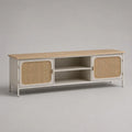 Meuble TV bas en MDF et métal avec plateau plaqué bois, 2 portes en cannage et 2 niches, beige et bois naturel, 160 × 40 × 60 cm