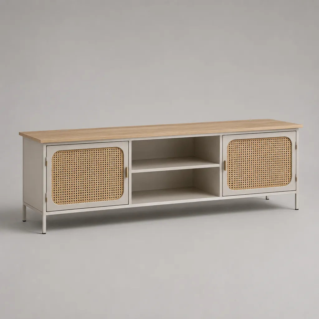 Meuble TV bas en MDF et métal avec plateau plaqué bois, 2 portes en cannage et 2 niches, beige et bois naturel, 160 × 40 × 60 cm