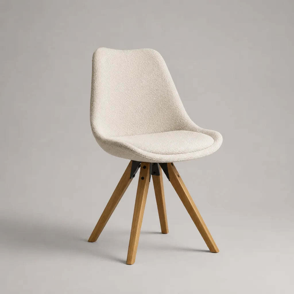 Chaise de salle à manger rembourrée en bouclette polyester écrue avec pieds en hêtre massif, 49 × 55 × 83 cm