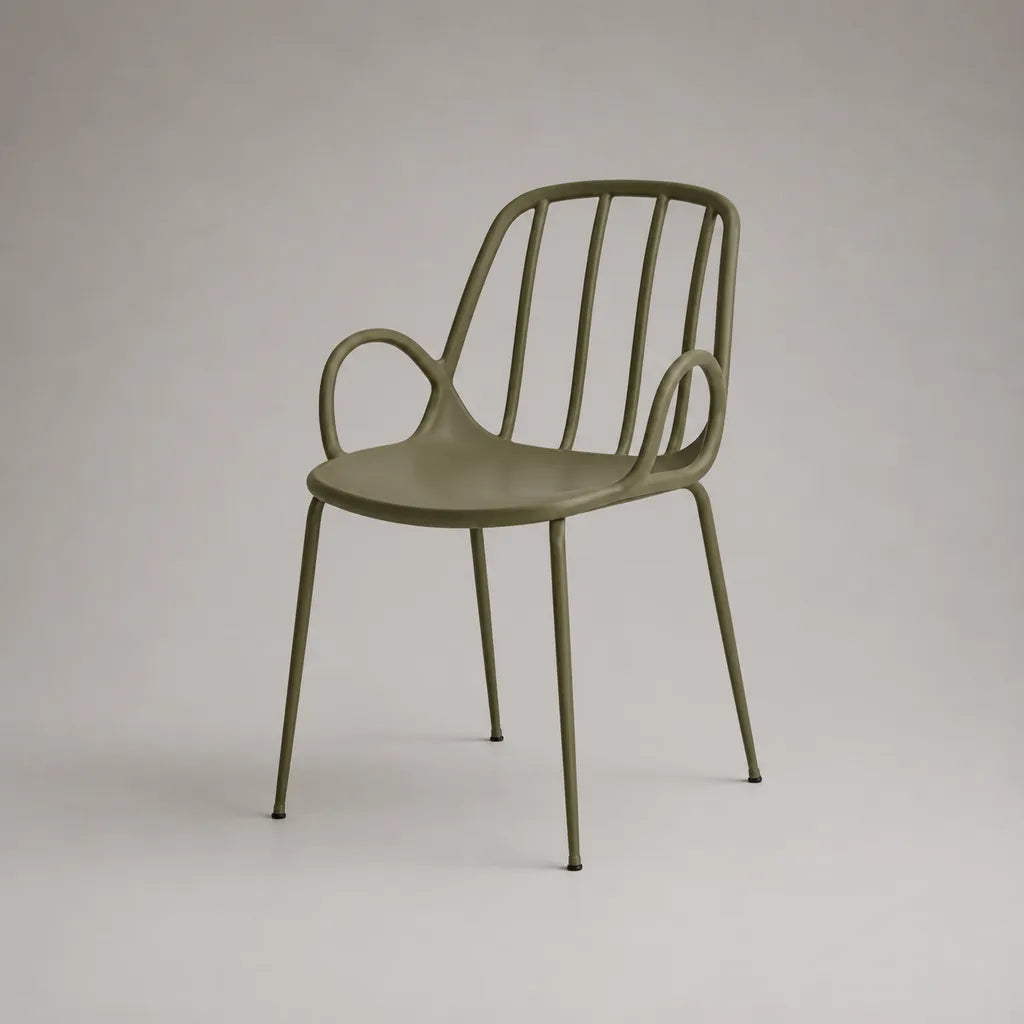 Chaise en acier avec accoudoirs, vert olive, 55 × 54 × 80 cm