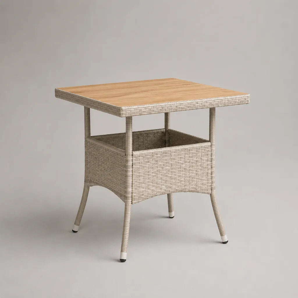 Table de jardin carrée avec rangement en résine tressée PE et bois d’acacia massif, beige et naturel, 80 × 80 × 75 cm