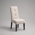 Chaise de salle à manger rembourrée en tissu beige, dossier haut capitonné et pieds en bois noir, 46 × 58 × 101 cm