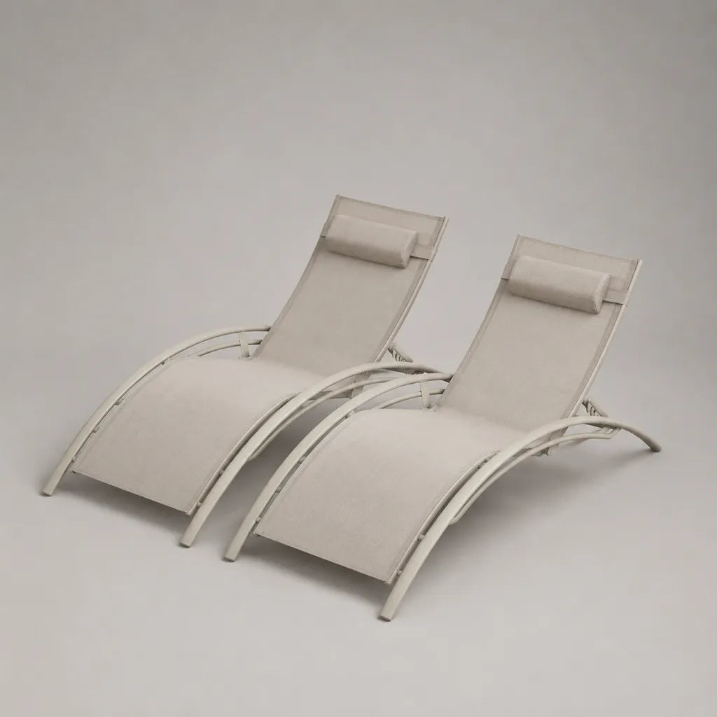 Lot de 2 bains de soleil inclinables en acier et toile polyester enduite de PVC, beige, 169 × 65 × 82 cm