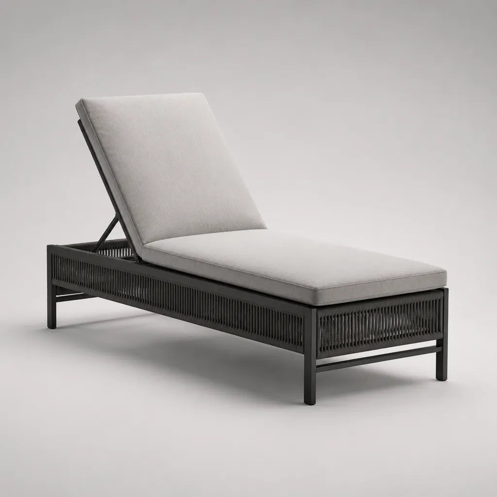 Bain de soleil réglable en acier avec tressage en polyéthylène et coussins en polyester, gris anthracite et gris clair, 195 × 70 × 35 cm