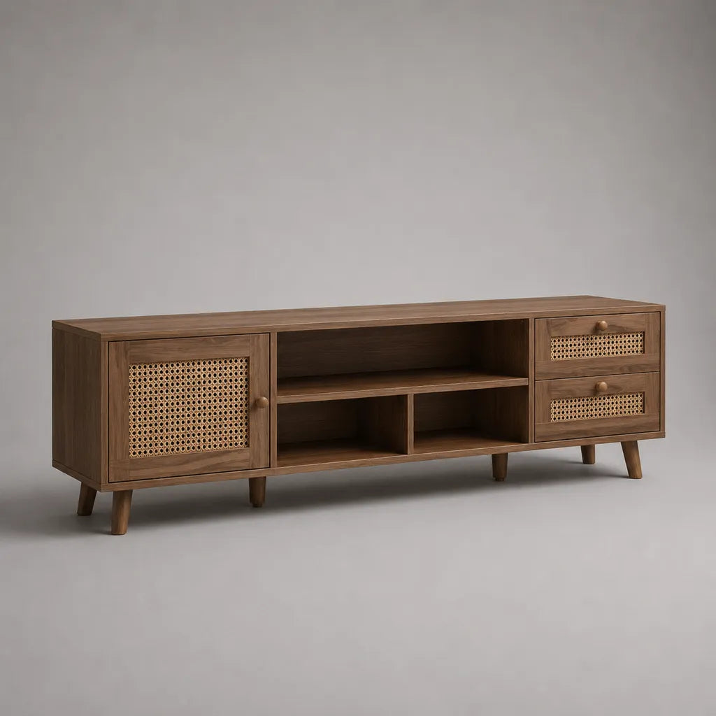 Meuble TV rectangulaire en bois et cannage en rotin, marron et naturel, 160 × 40 × 60 cm