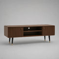 Meuble TV en bois et métal avec 2 portes rainurées et 2 niches, brun noyer, noir et couleur laiton, 150 x 40 x 60 cm