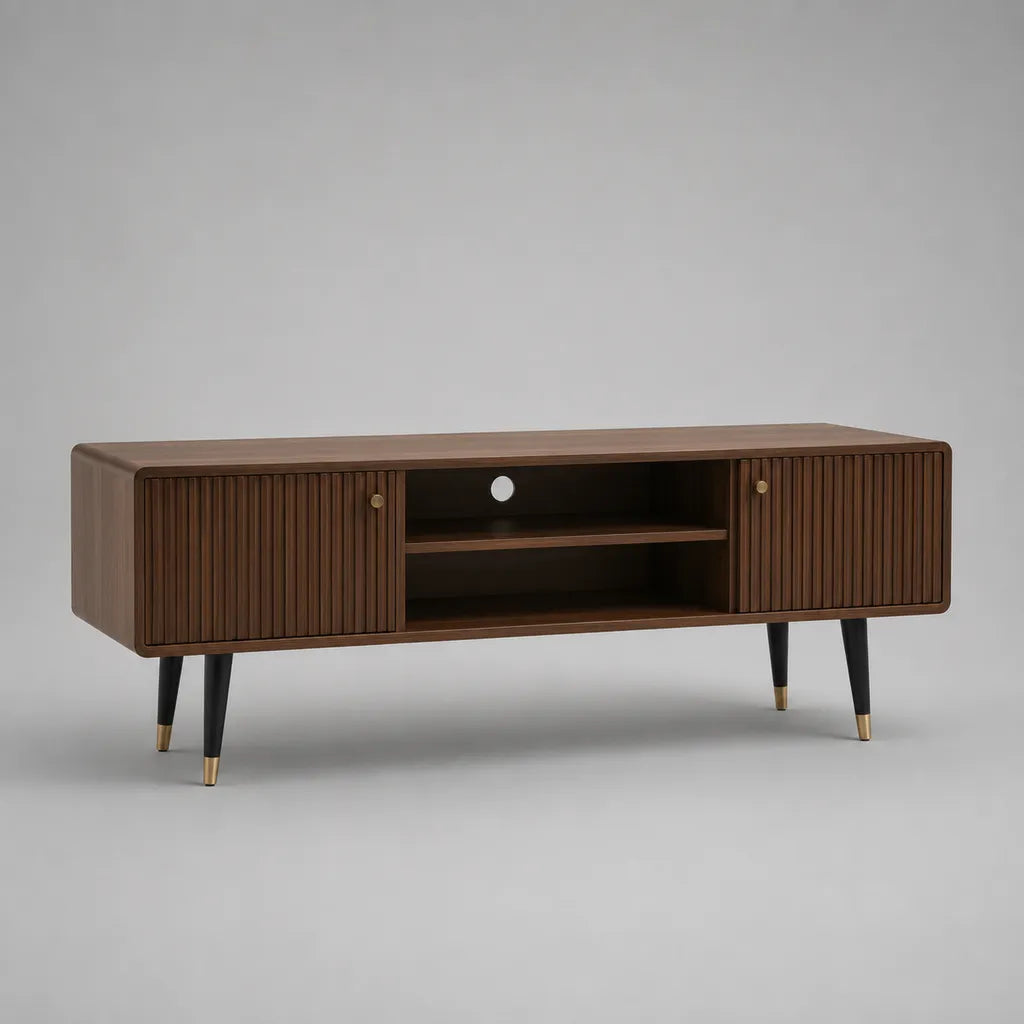 Meuble TV en bois et métal avec 2 portes rainurées et 2 niches, brun noyer, noir et couleur laiton, 150 x 40 x 60 cm