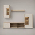 Ensemble meuble TV mural 4 pièces en bois, métal et verre, blanc cassé et chêne clair, 240 × 40 × 175 cm