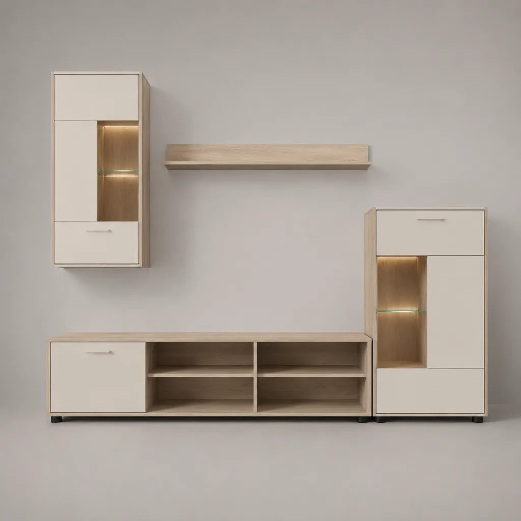 Ensemble meuble TV mural 4 pièces en bois, métal et verre, blanc cassé et chêne clair, 240 × 40 × 175 cm