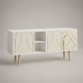 Meuble TV rectangulaire en panneaux de particules et MDF, 3 portes et 2 niches, blanc, ivoire et doré, 140 × 40 × 75 cm