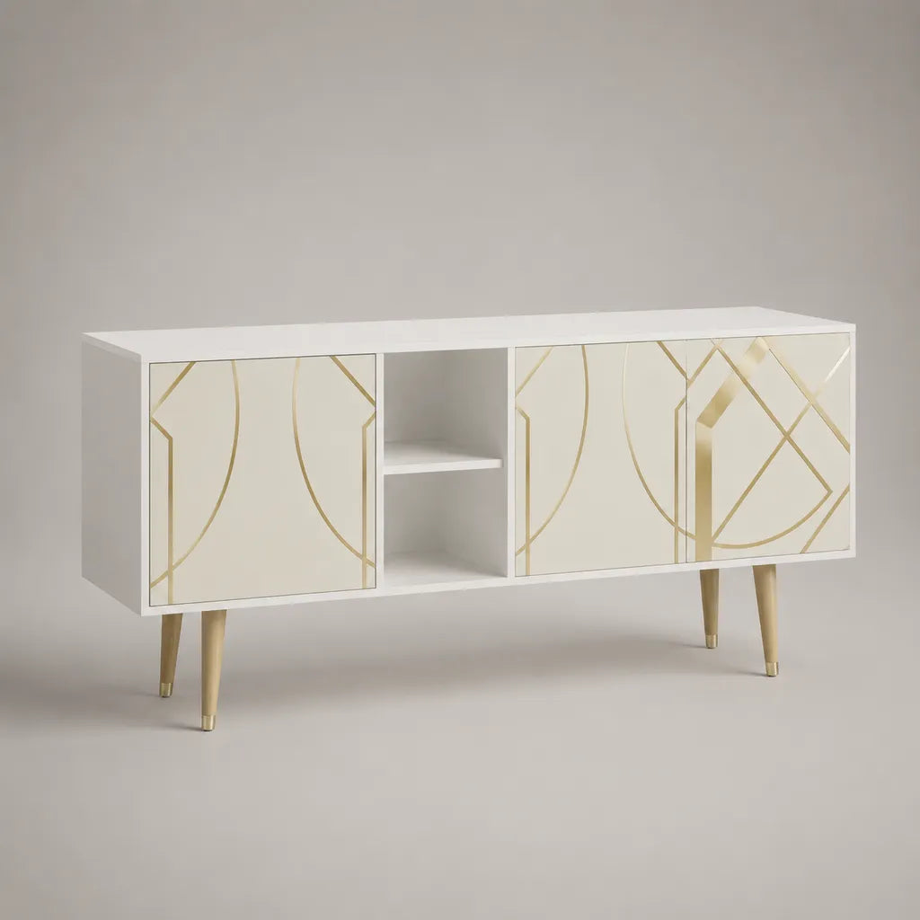 Meuble TV rectangulaire en panneaux de particules et MDF, 3 portes et 2 niches, blanc, ivoire et doré, 140 × 40 × 75 cm