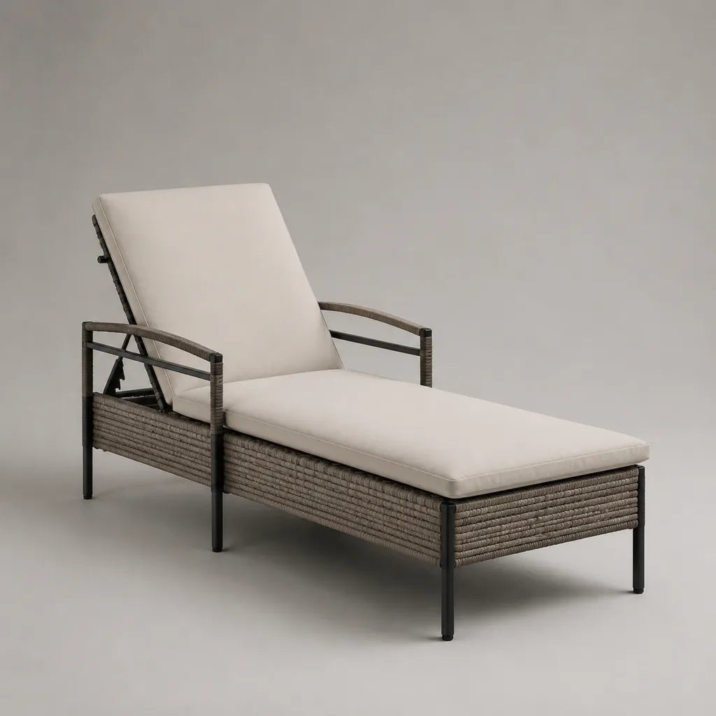 Bain de soleil réglable en résine tressée et acier avec coussin beige, taupe et noir, 195 × 70 × 96 cm