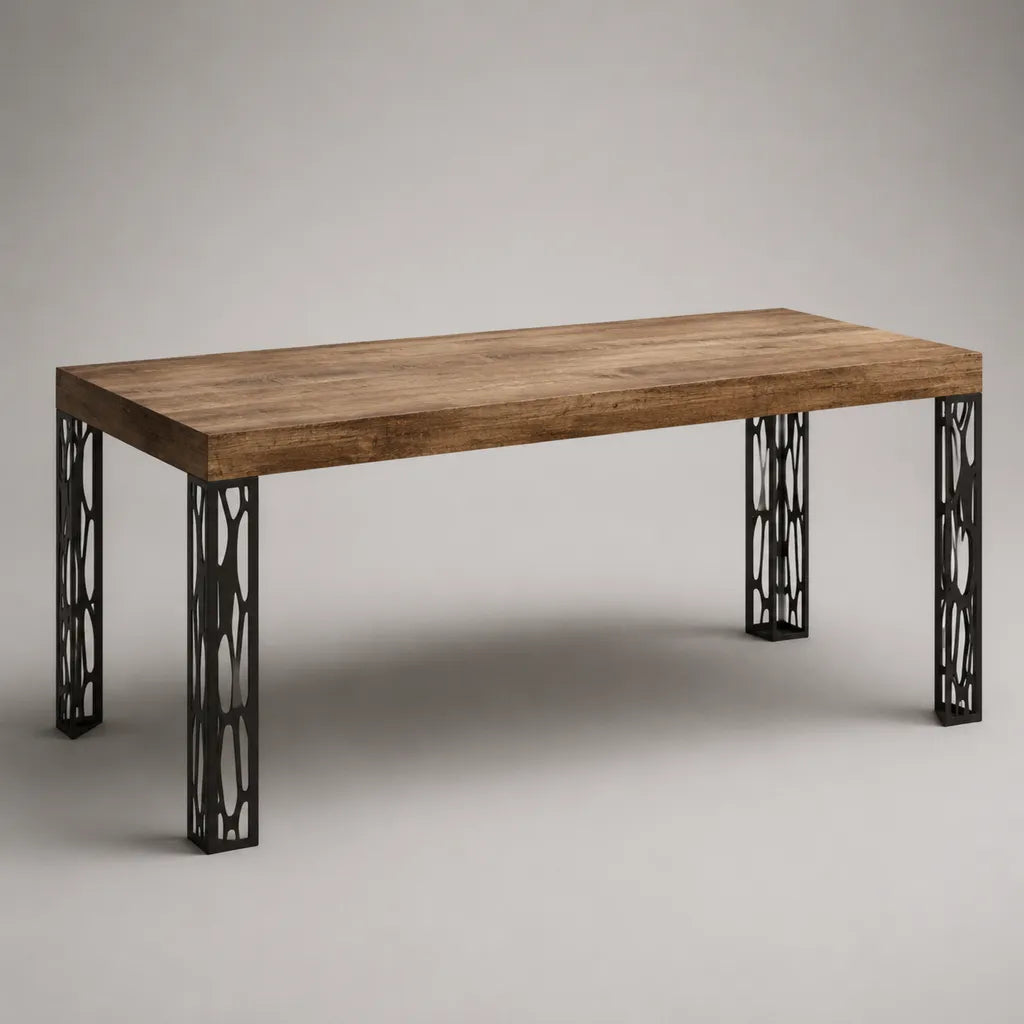 Table à manger rectangulaire en acacia massif et acier noir, marron et noir, 160 × 80 × 76 cm