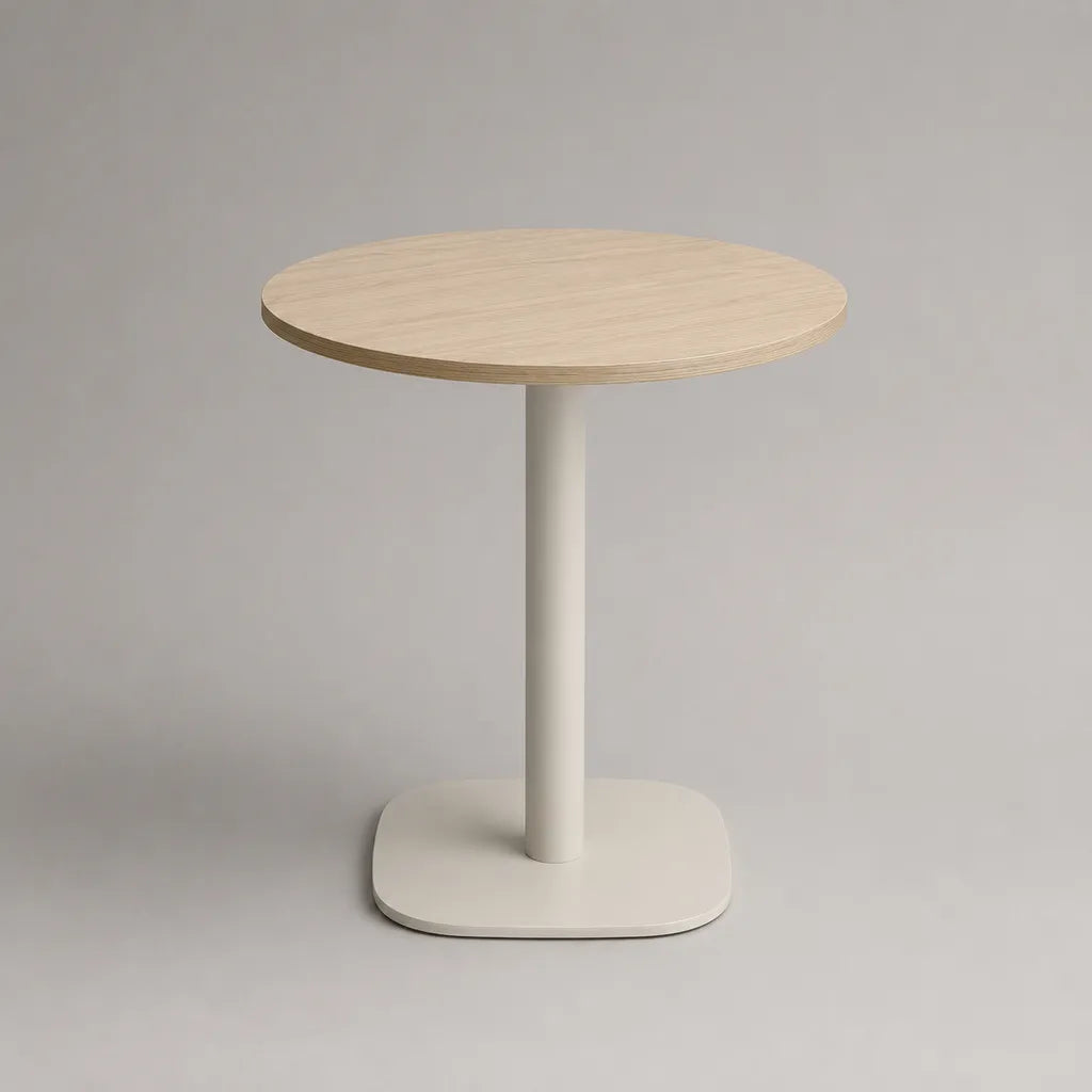 Table à manger ronde 2 à 4 places en bois et métal, chêne naturel et blanc cassé, Ø 80 × H 75 cm