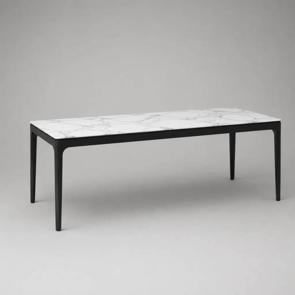 Table à manger rectangulaire en céramique effet marbre blanc et gris avec piètement en acier noir, 180 × 90 × 75 cm