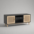 Meuble TV bas en bois avec 2 portes rainurées et 2 niches, anthracite et beige clair, 120 × 40 × 60 cm