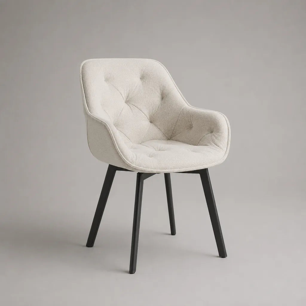 Chaise de salle à manger avec accoudoirs en tissu écru et pieds en acier noir, 60 × 61 × 83 cm