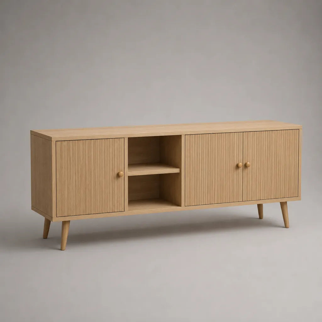 Meuble TV bas en MDF plaqué bois, 3 portes rainurées et 2 niches, chêne clair, 140 × 40 × 65 cm