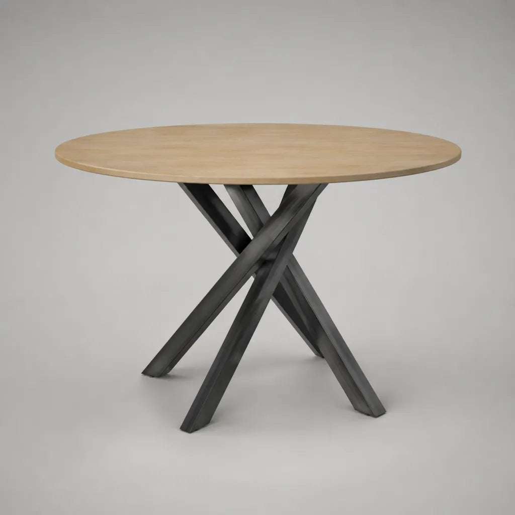 Table à manger ronde 4 à 6 personnes, plateau en bois plaqué chêne et piètement en acier noir, Ø 120 × H 75 cm