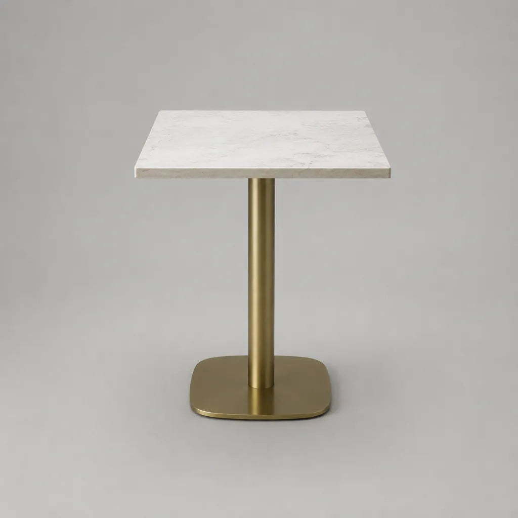 Table à manger carrée en pierre frittée effet marbre blanc et acier inoxydable doré, 70 × 70 × 75 cm
